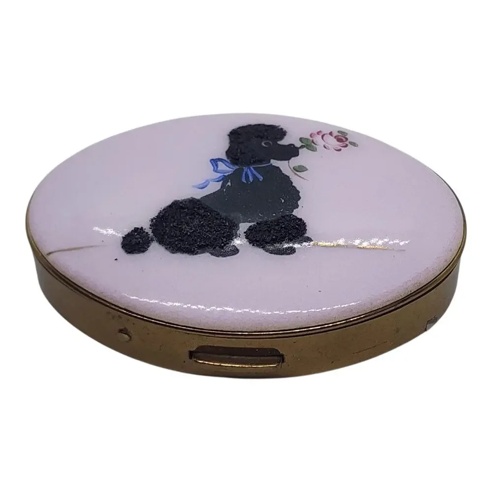 Vintage Flair Fifth Avenue Pink Poodle Powder Compact Flocked Vanity Mirror RARE